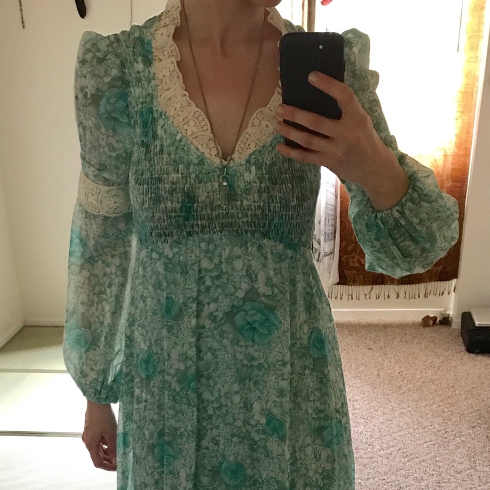 Vintage 1970 Long Sleeve Floral Lace Maxi Dress